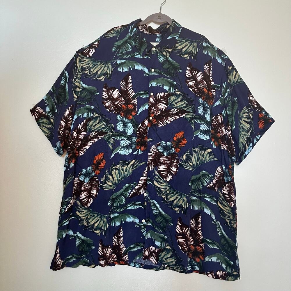 Tasso Elba Island Shirt Mens 3XLT Big Tall Blue Hawaiian Floral Rayon Camp